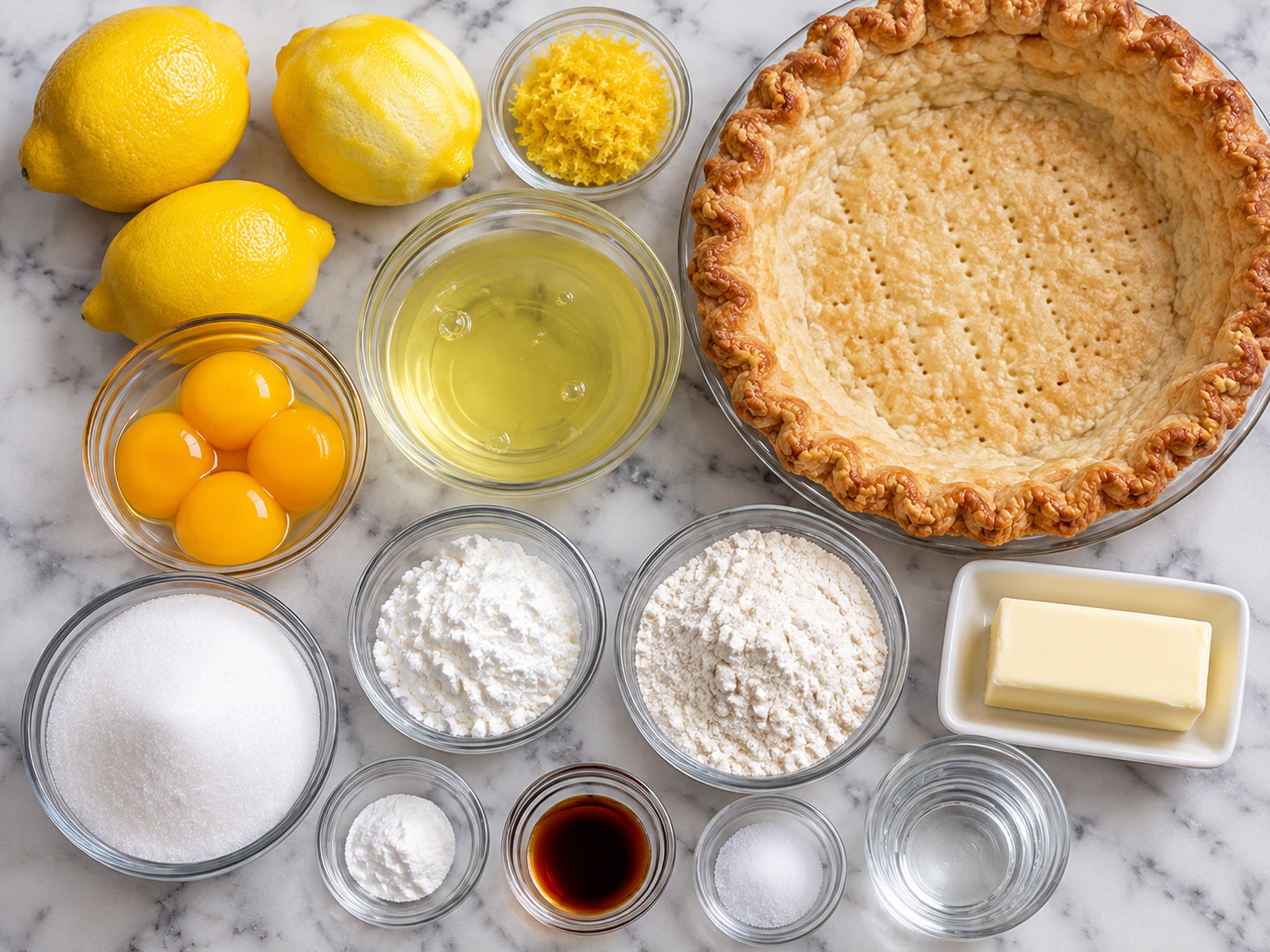 Ingredients for lemon meringue pie with lemons eggs sugar and baked crust