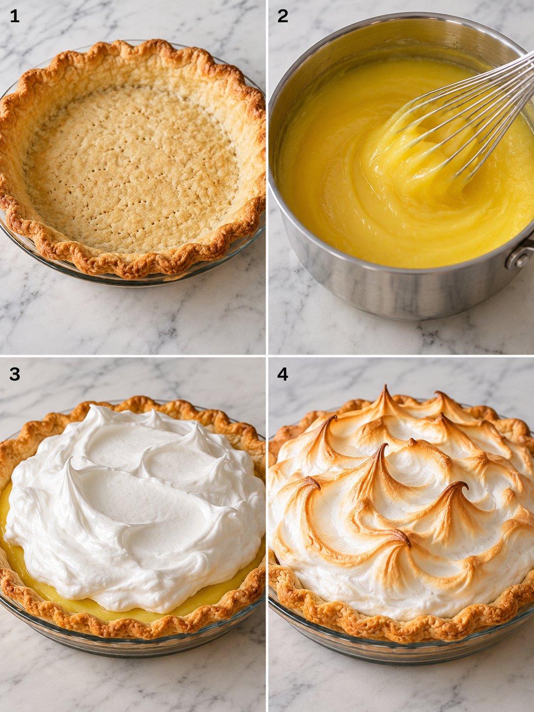 Four steps for making lemon meringue pie from crust to toasted topping