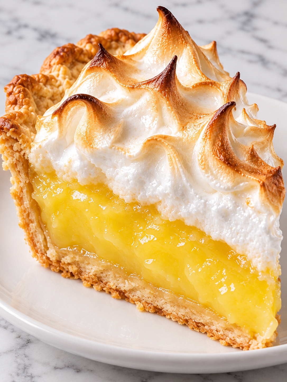 Tall slice of lemon meringue pie with glossy filling and toasted peaks