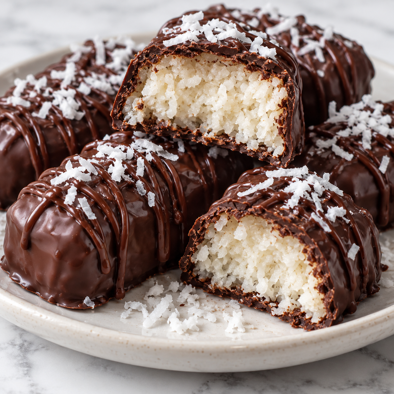 Homemade Mounds bars with dark chocolate and chewy coconut centers