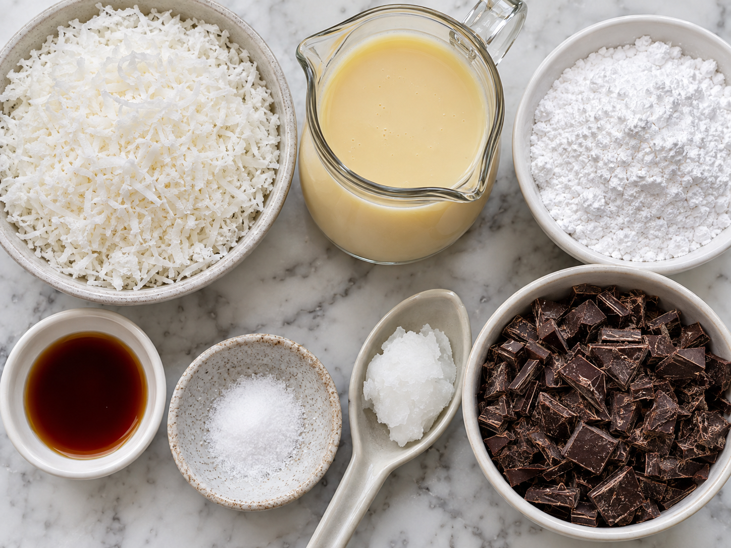 Coconut, condensed milk, dark chocolate, and pantry ingredients for Mounds bars