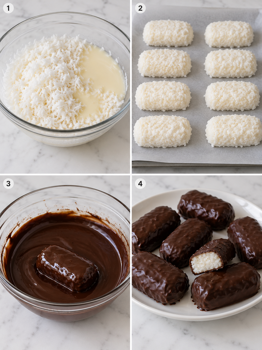 Four steps for mixing, shaping, dipping, and setting homemade Mounds bars