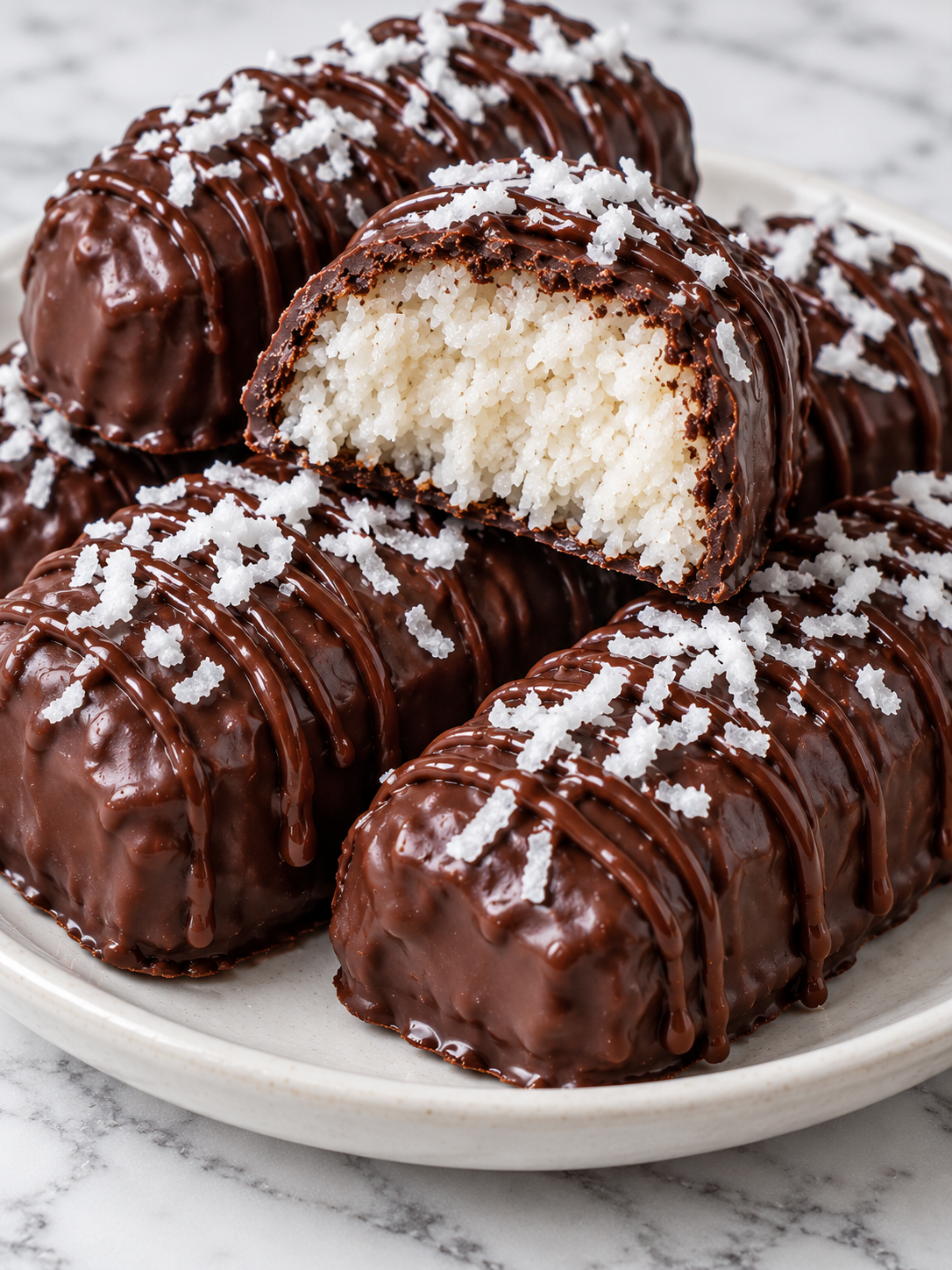 Stacked homemade Mounds bars with glossy chocolate and coconut filling