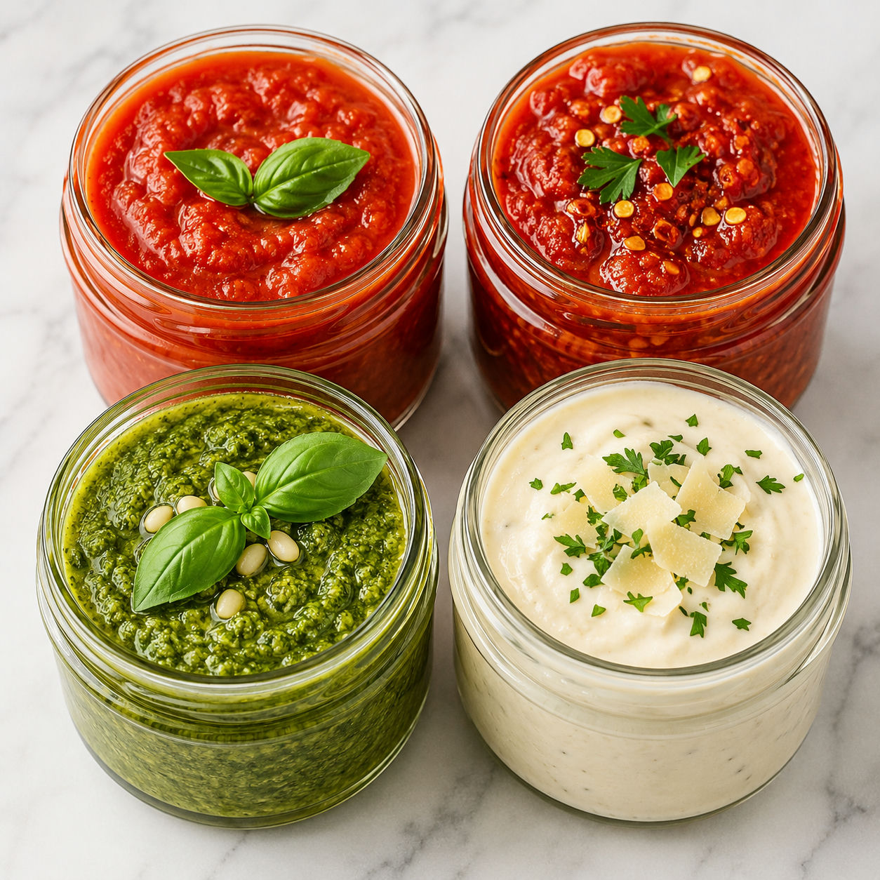Four jars of homemade marinara, pesto, arrabbiata, and Alfredo sauces
