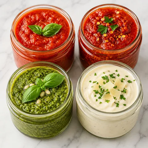 Four jars of homemade marinara, pesto, arrabbiata, and Alfredo sauces