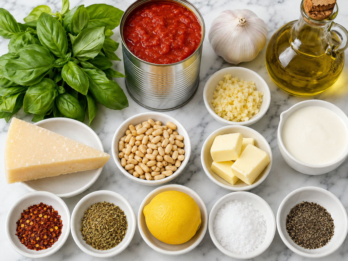 Ingredients for homemade jar sauces with basil, tomatoes, cream, and Parmesan