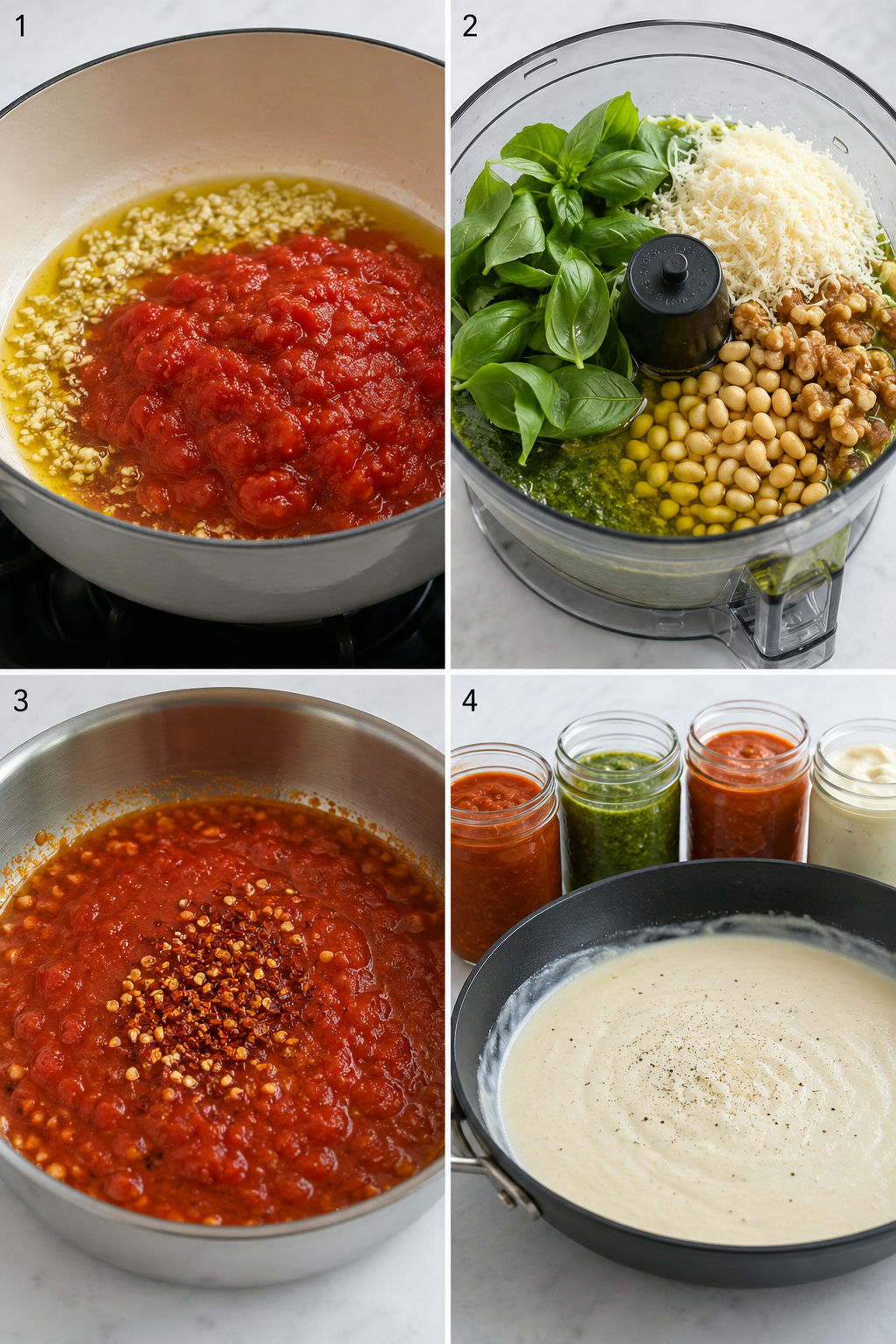 Four cooking steps for marinara, pesto, arrabbiata, and Alfredo sauces