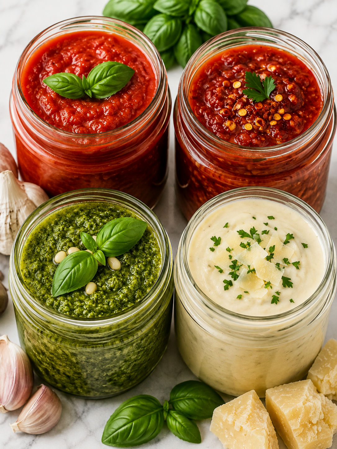 Centered jars of red, green, and creamy homemade sauces with fresh garnish