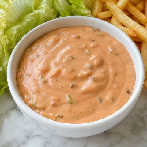 Homemade Thousand Island dressing in a white bowl with relish flecks