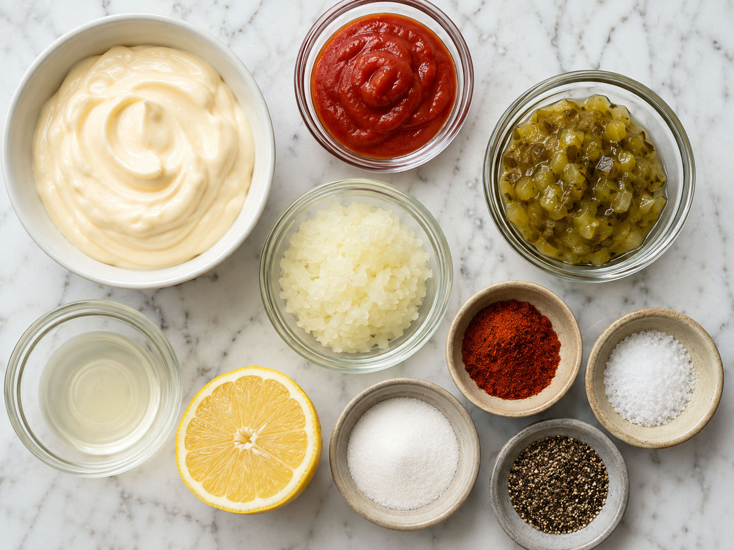 Ingredients for homemade Thousand Island dressing on a marble counter