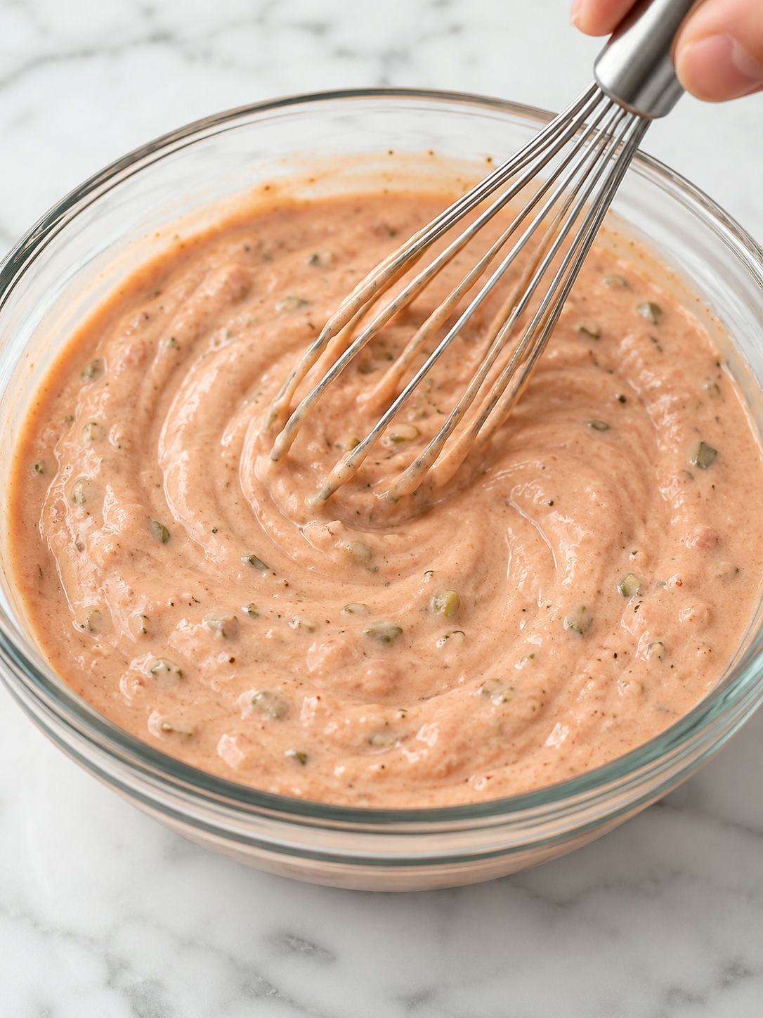 Thousand Island dressing being whisked in a glass bowl