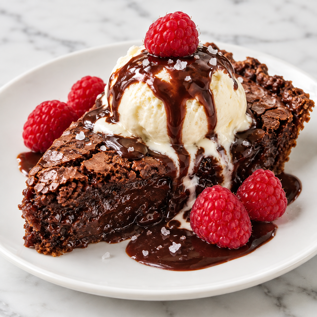 Warm hot fudge pie slice with vanilla ice cream and raspberries