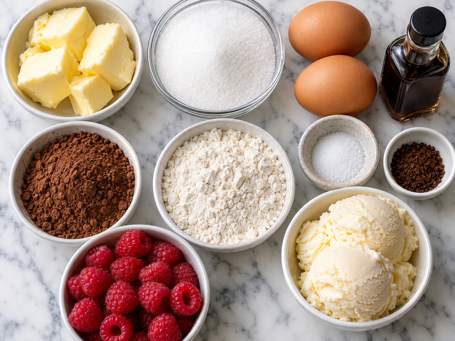 Ingredients for hot fudge pie with cocoa, butter, eggs, sugar, and flour