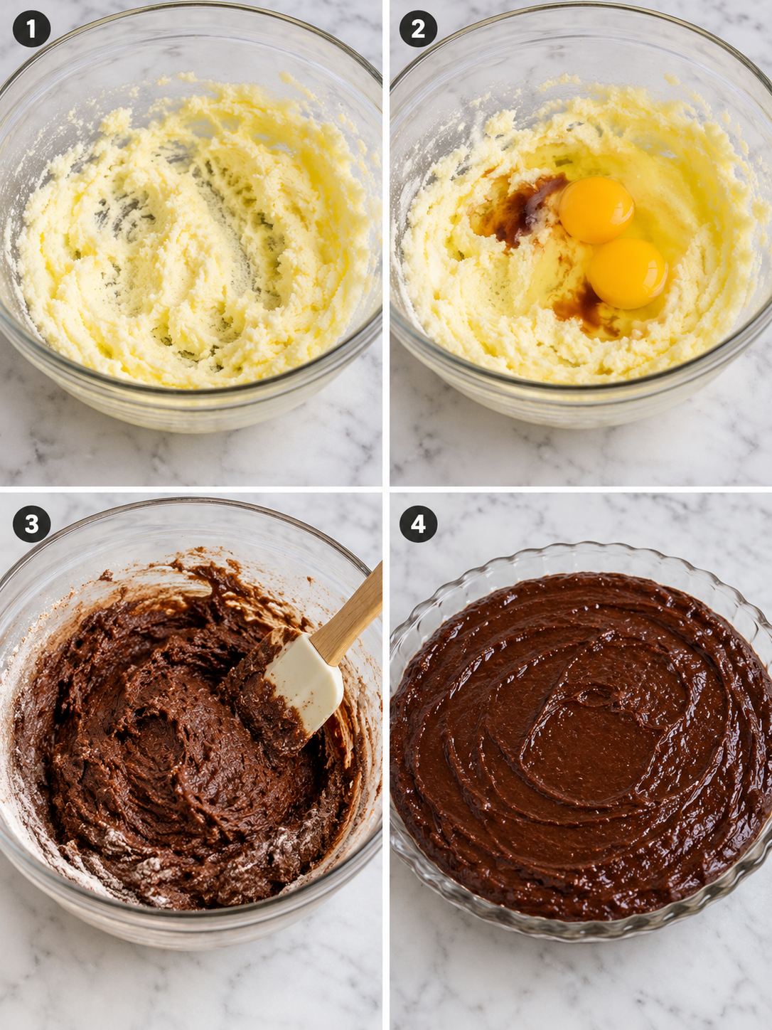 Four steps for making hot fudge pie batter and filling the pie plate