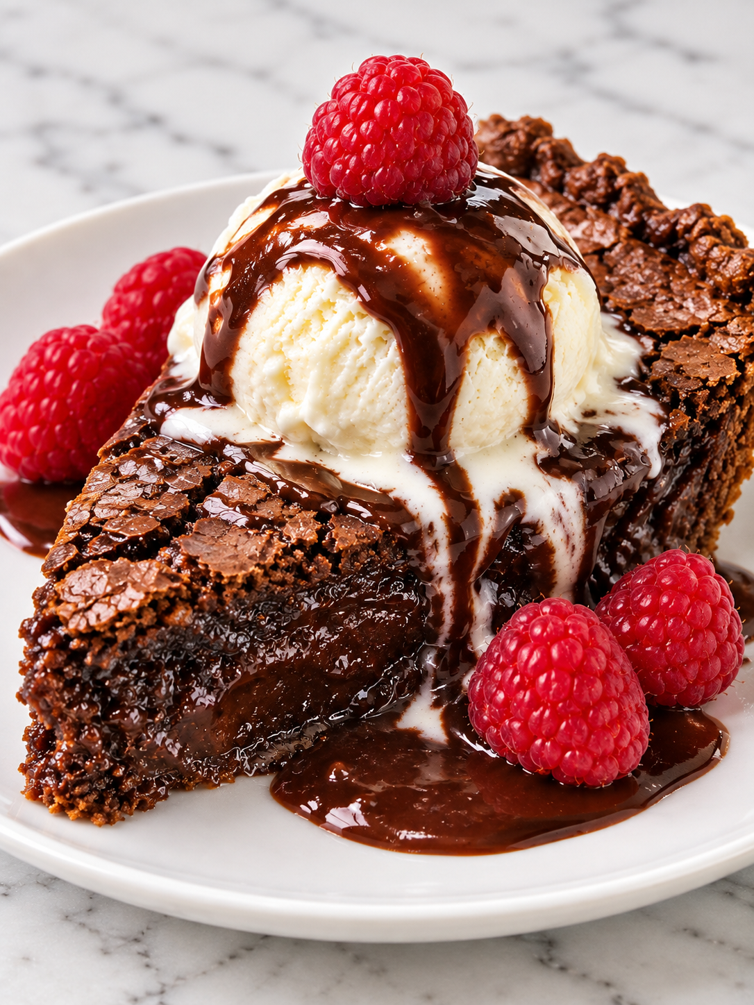 Hot fudge pie slice with melted vanilla ice cream and raspberries