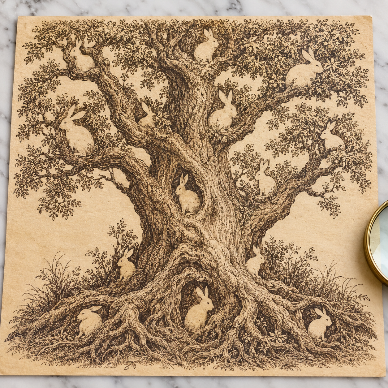 Woodland tree puzzle with hidden rabbits in the bark and roots