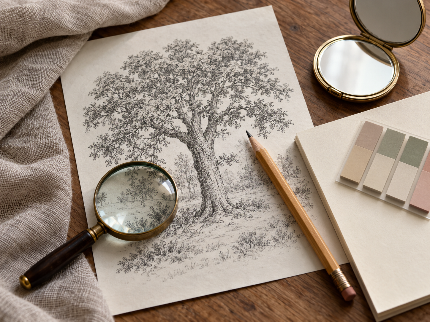 Puzzle desk setup with tree drawing, pencil, and magnifying glass