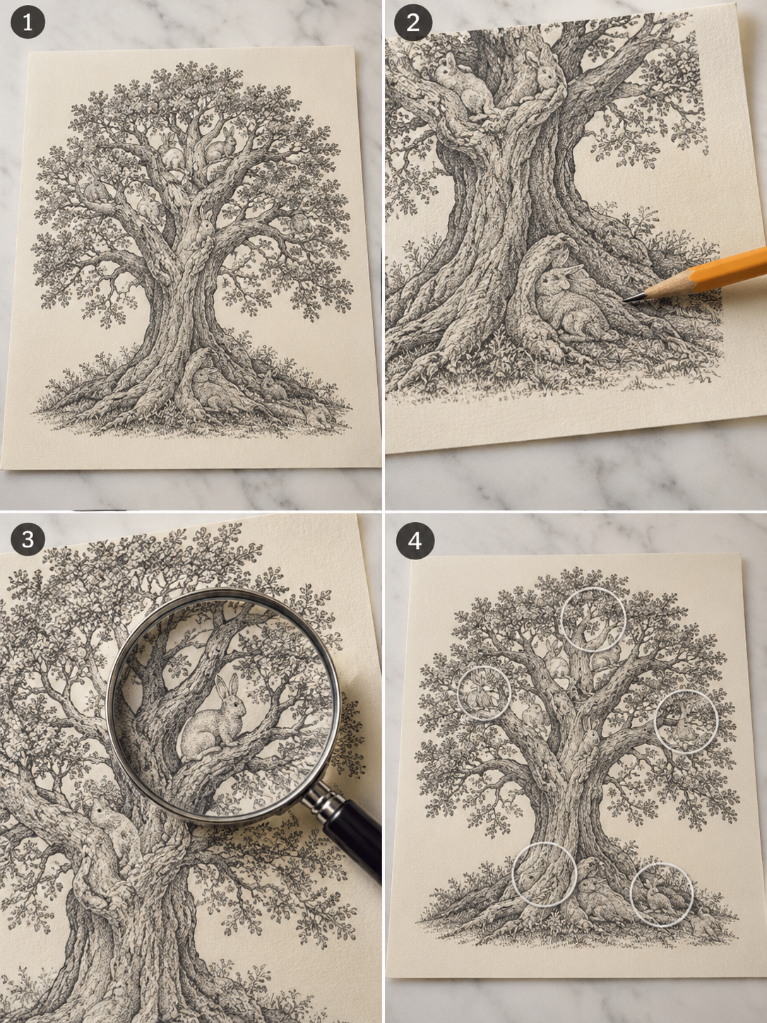 Four-step visual guide to scanning a hidden rabbit tree puzzle