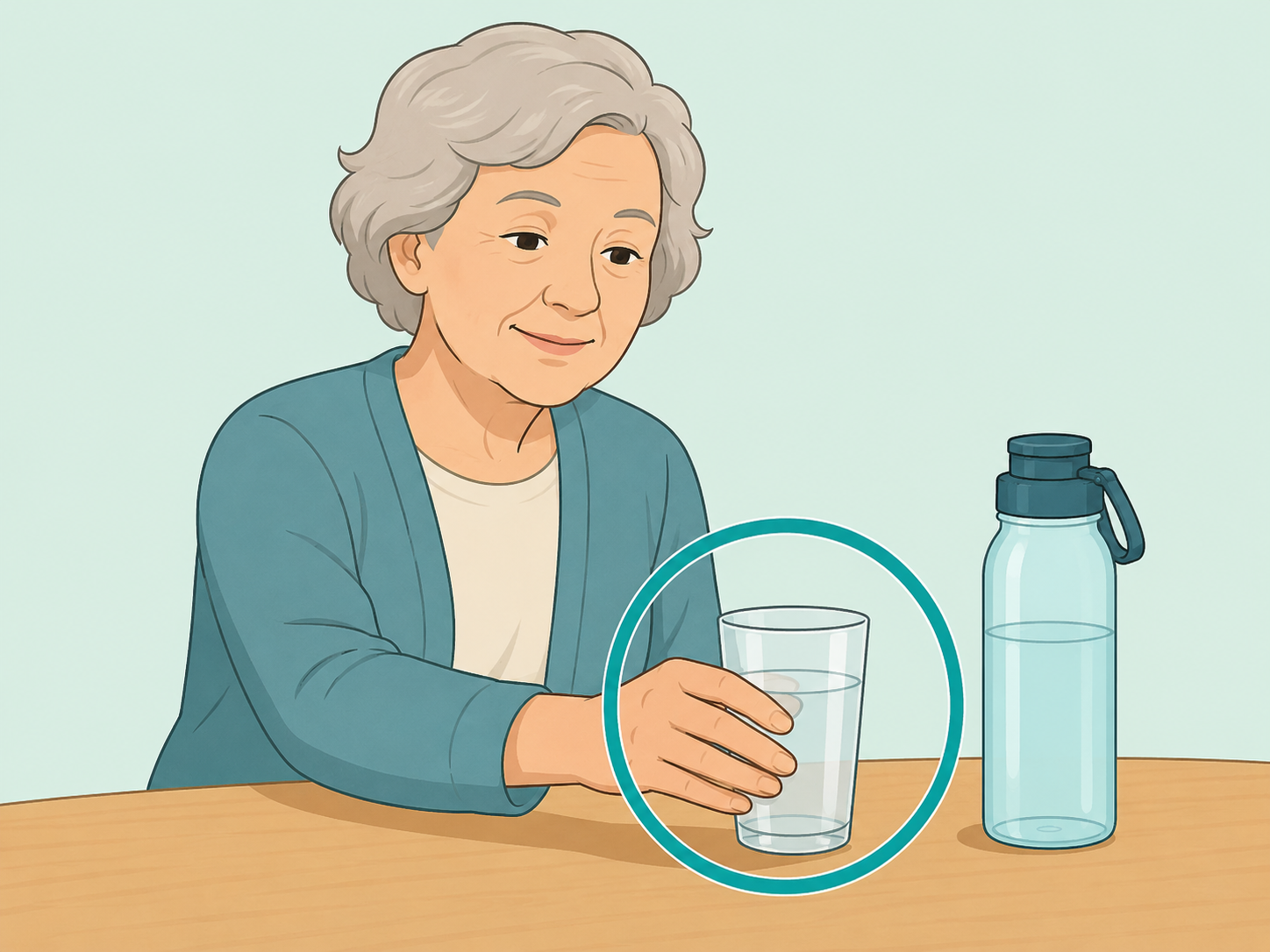 Older adult using plain water as the main everyday drink.