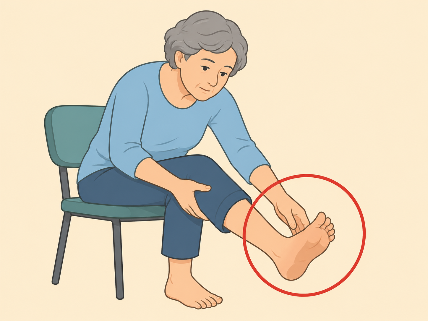 Older adult checking legs and feet for circulation warning signs.