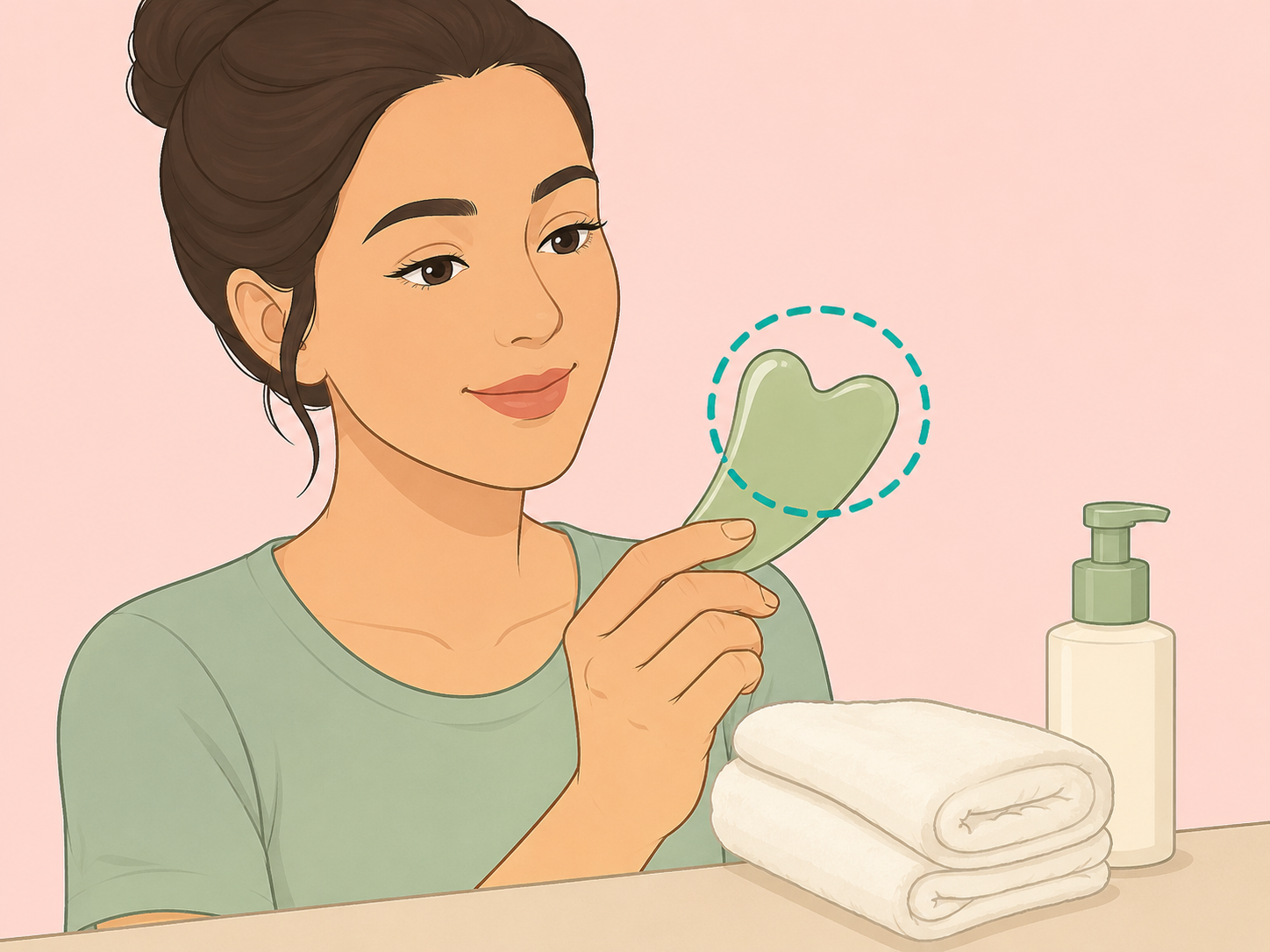 Person identifying a smooth curved gua sha tool on a clean skin-care surface.