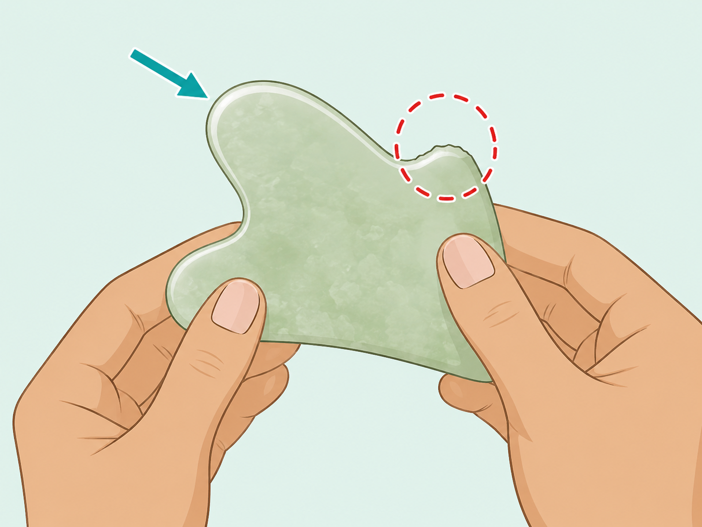 Hands checking the smooth curved edges of a gua sha tool.