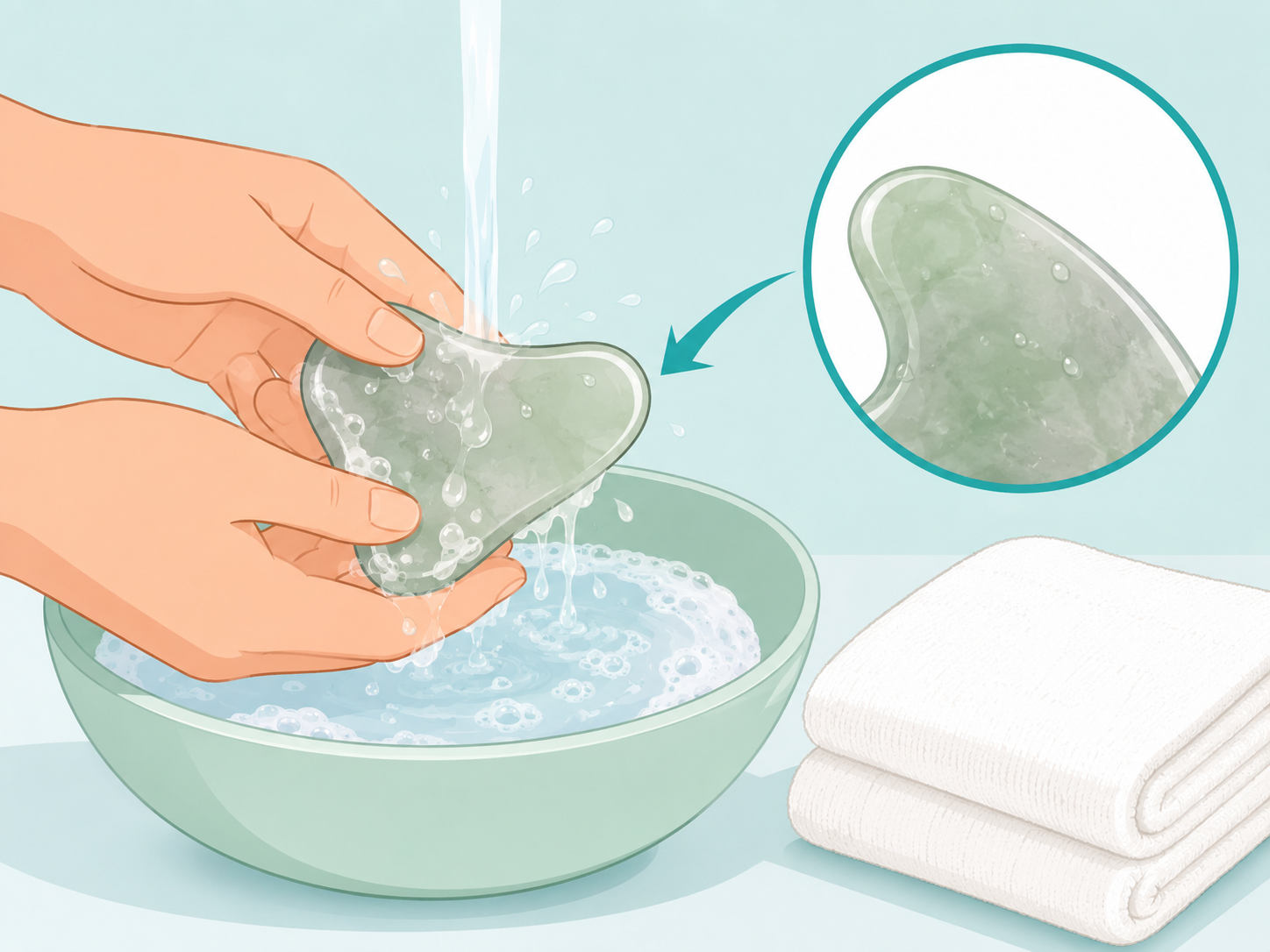Hands cleaning a gua sha tool before using it on skin.
