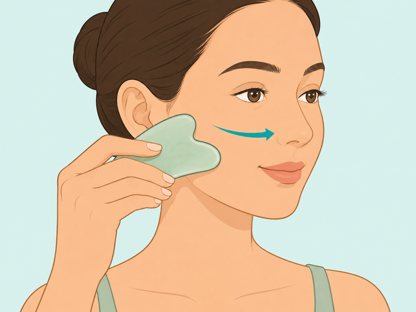 Person using light one-way gua sha strokes on the cheek.