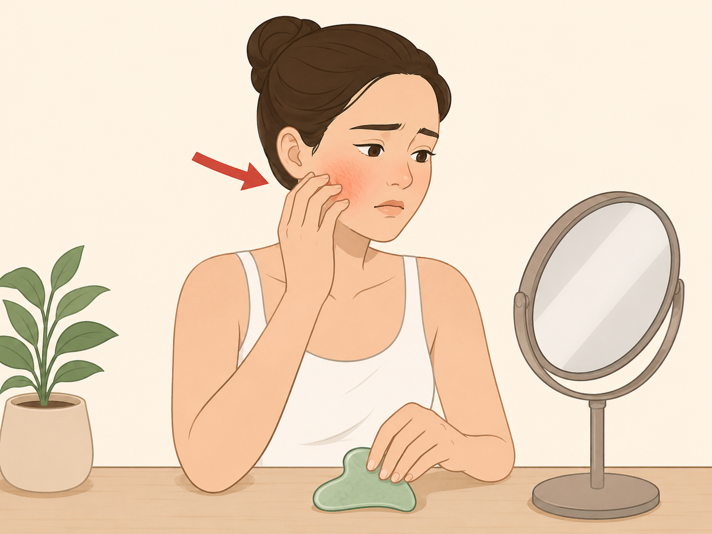 Person stopping gua sha after noticing skin irritation.