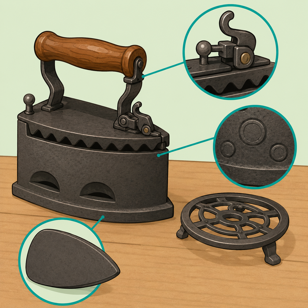 Illustration of an antique sad iron being examined for its flat base, handle latch, and markings.