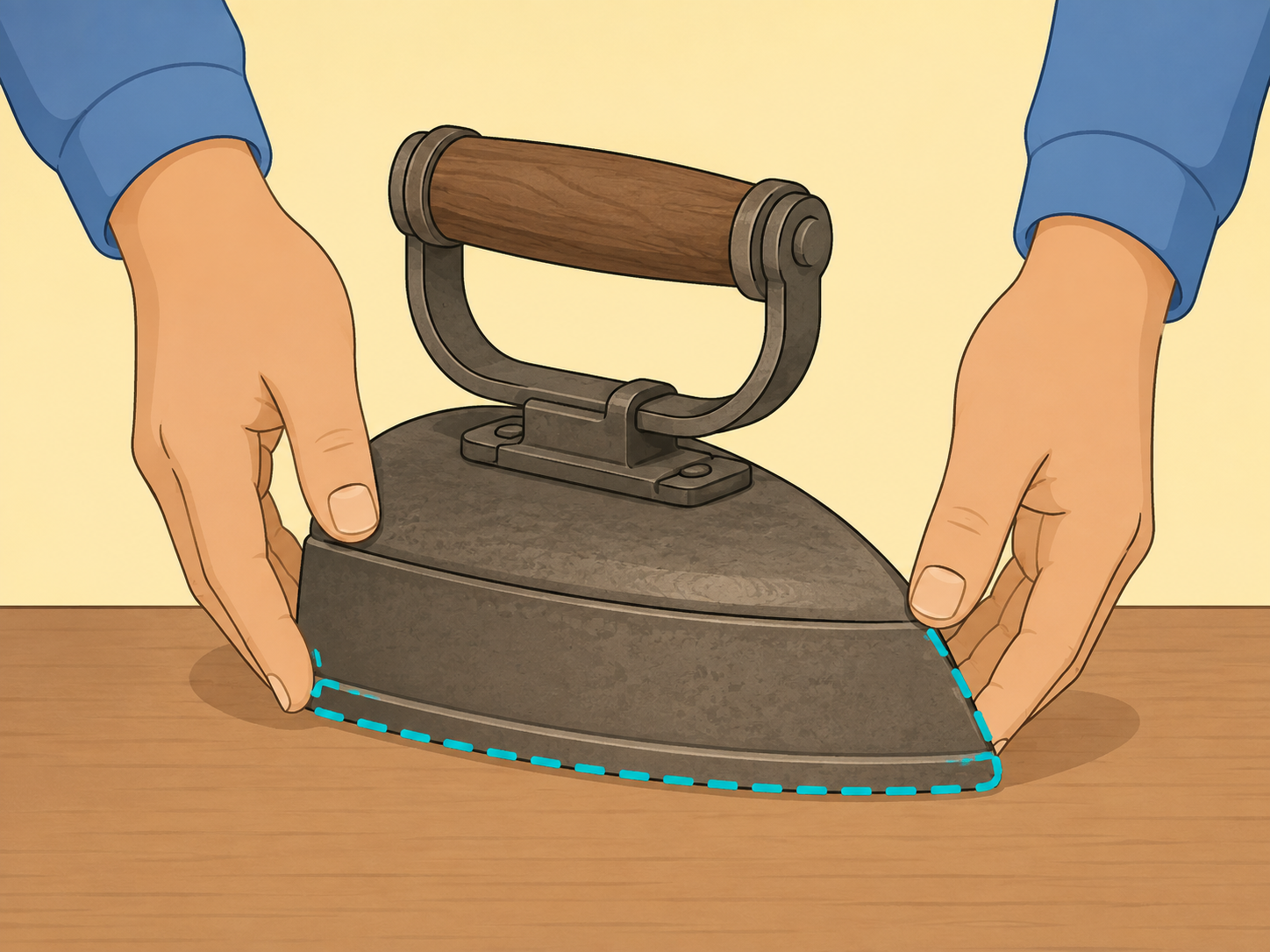 Hands examining the shape of a heavy antique metal iron.