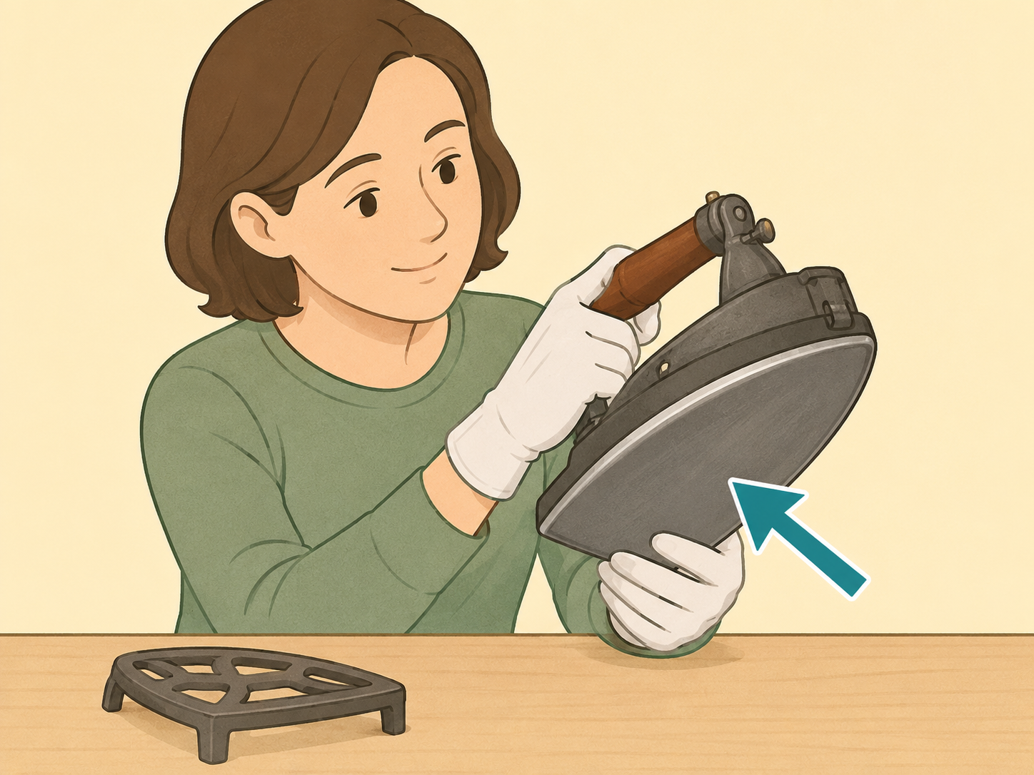 A person checking the smooth flat bottom of an antique sad iron.