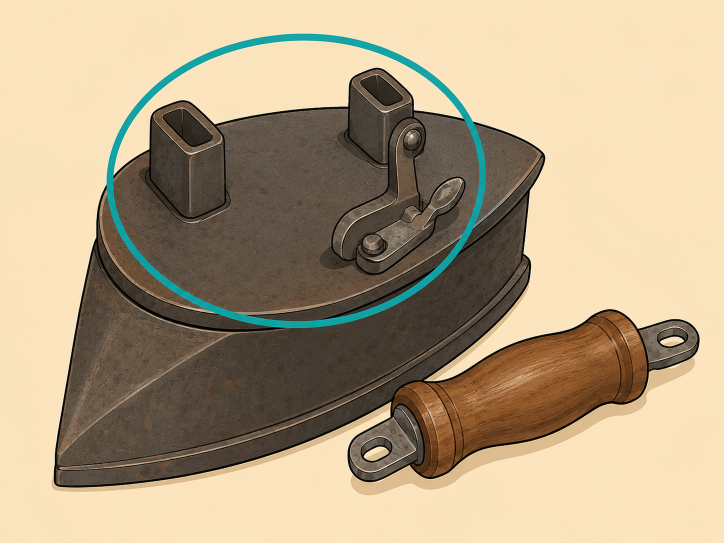 Handle fittings and a detachable handle on an antique sad iron.