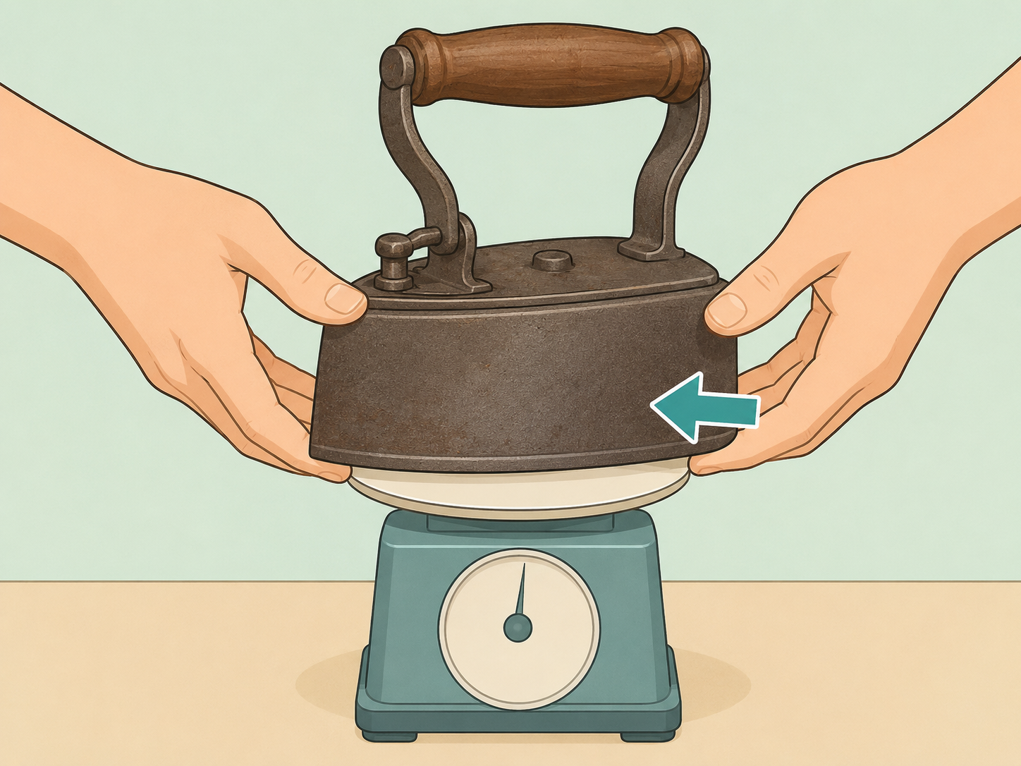A heavy antique iron being weighed on a scale.
