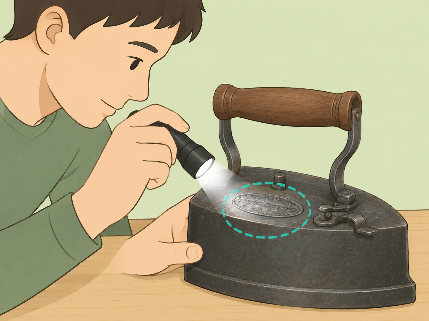 A person using a flashlight to look for markings on an antique iron.