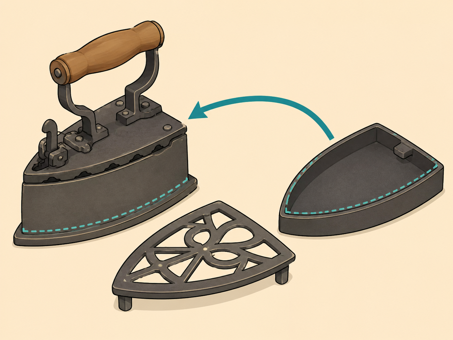 An antique sad iron compared with a matching trivet and extra base.