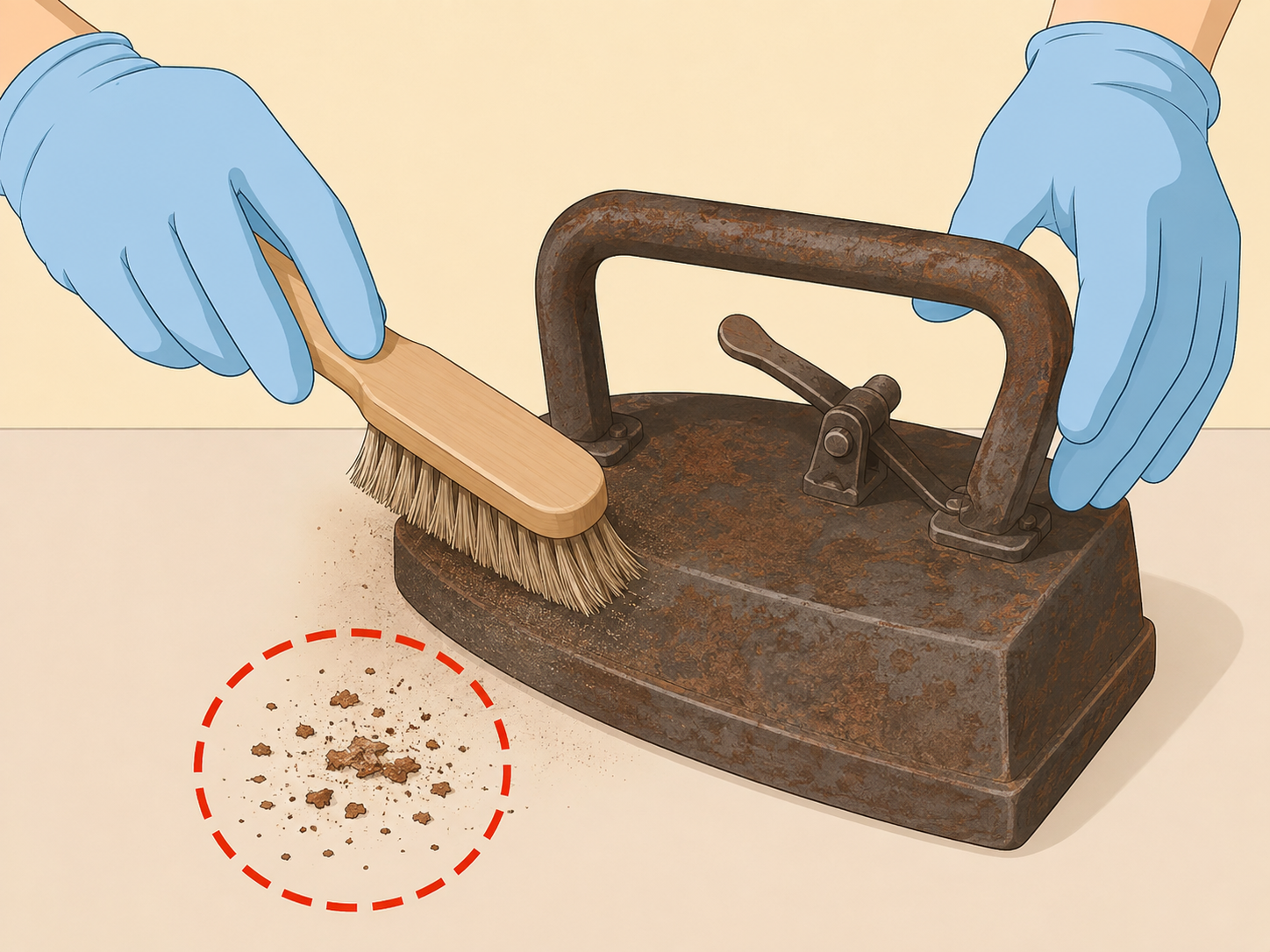 Gloved hands gently cleaning loose dust from a rusty antique iron.