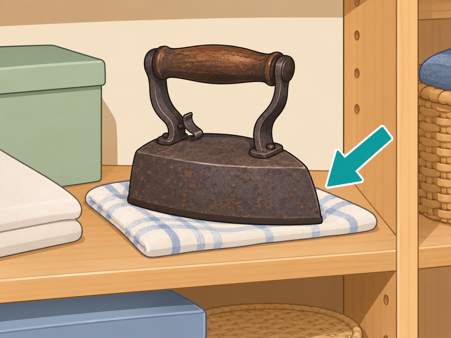 An antique sad iron stored on a dry shelf with soft support.