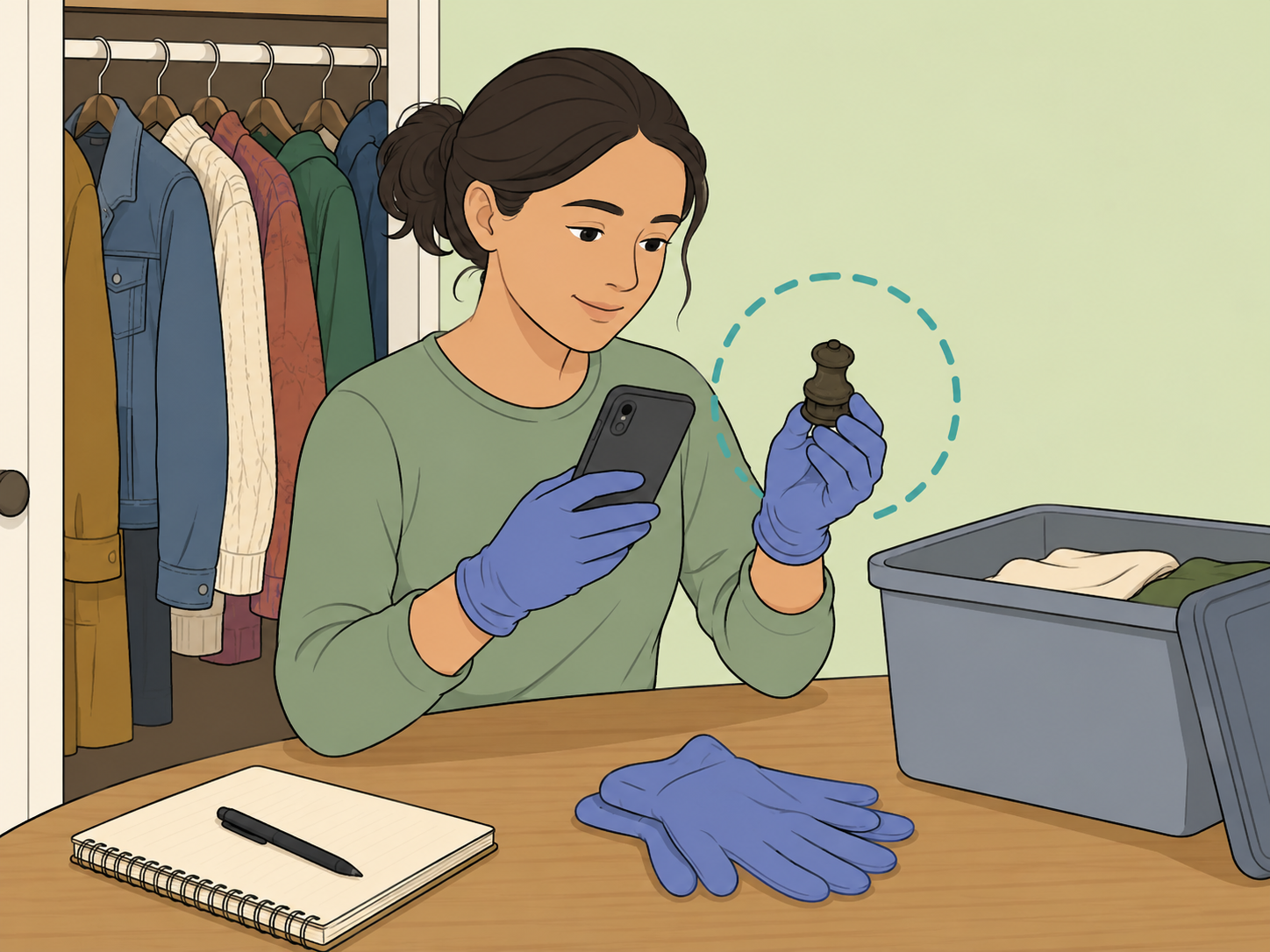 Person examining an unknown object found while cleaning a closet.