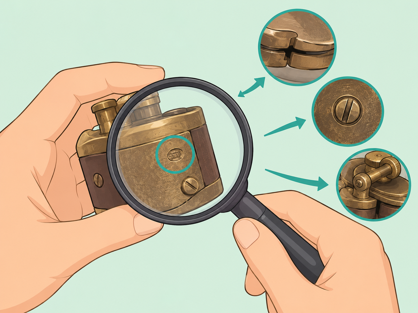 Inspecting an unknown item for markings and moving parts.