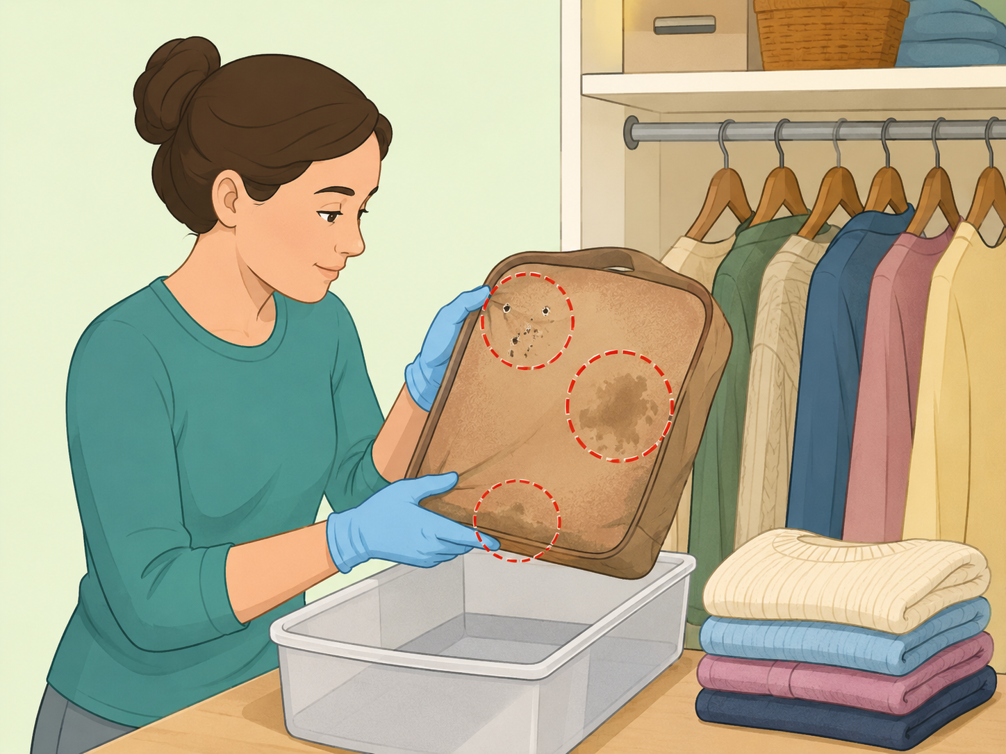 Checking a closet item for mold, pests, and moisture damage.
