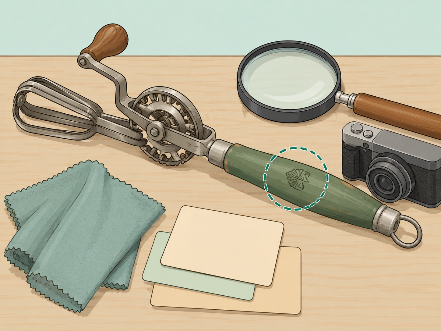 Illustration of a mystery vintage kitchen utensil being examined with a magnifying glass and camera.