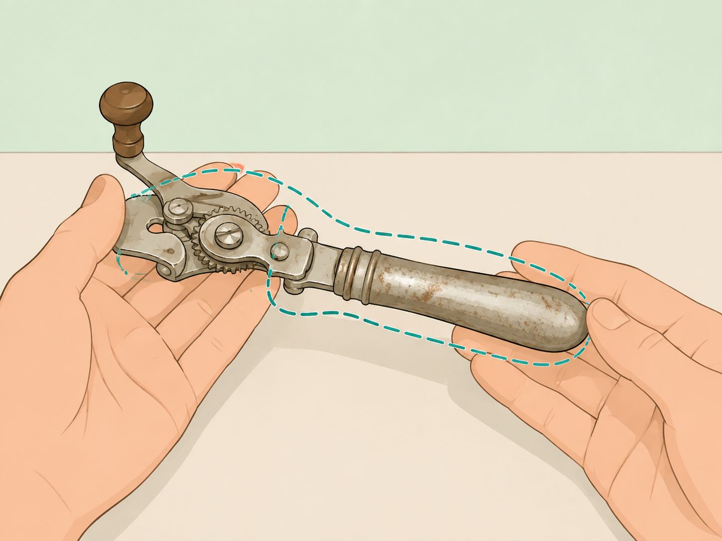 Hands gently handling a vintage kitchen utensil on a table.