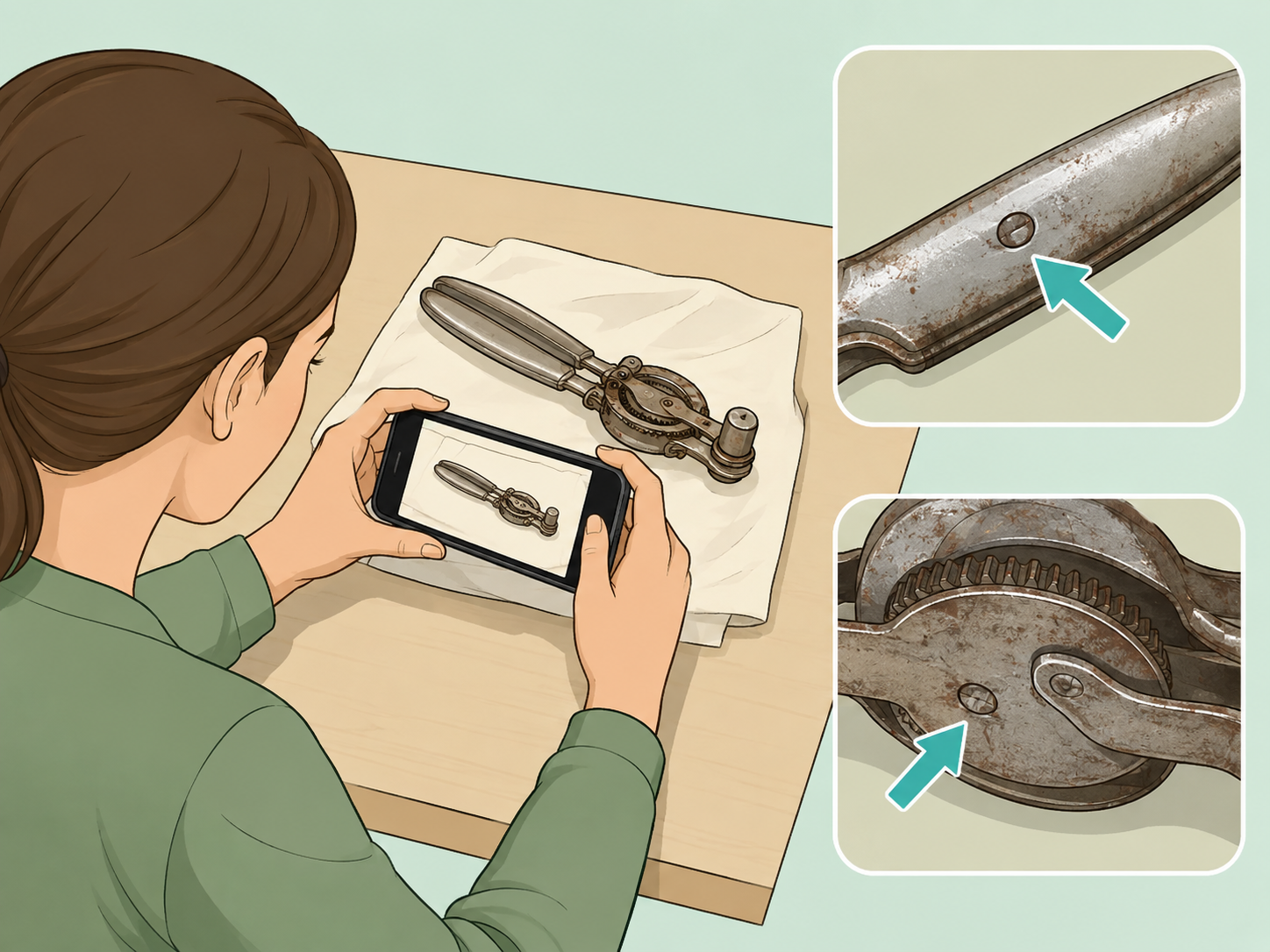 A person photographing all sides of a vintage kitchen utensil.