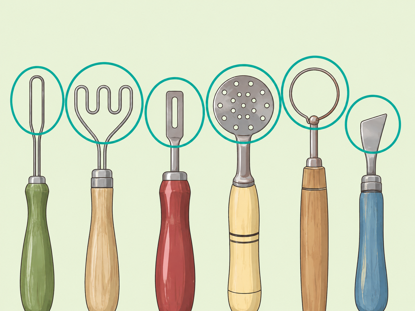 Different working ends of vintage kitchen utensils highlighted for inspection.
