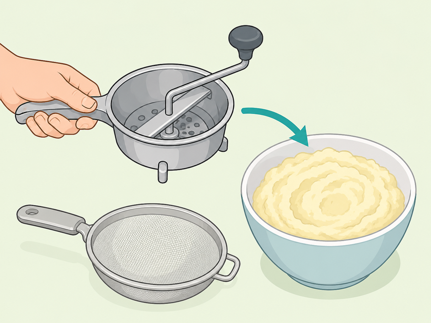 A hand matching a vintage utensil shape to the food task it may perform.