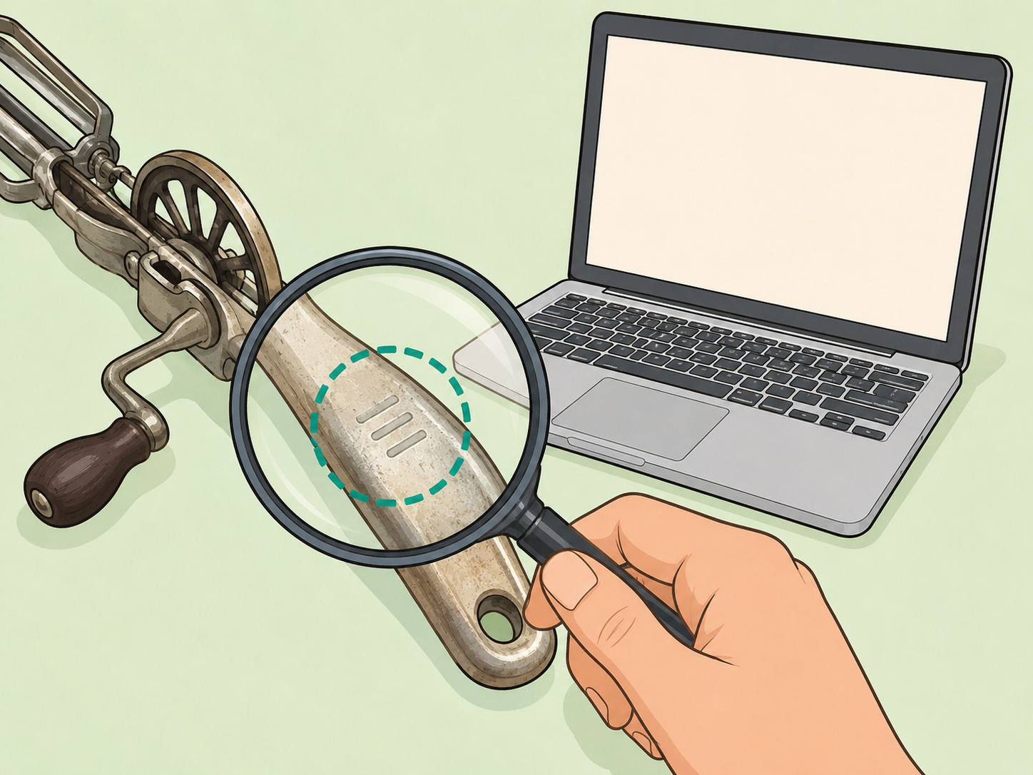 A maker mark on a vintage kitchen utensil being examined with a magnifying glass.