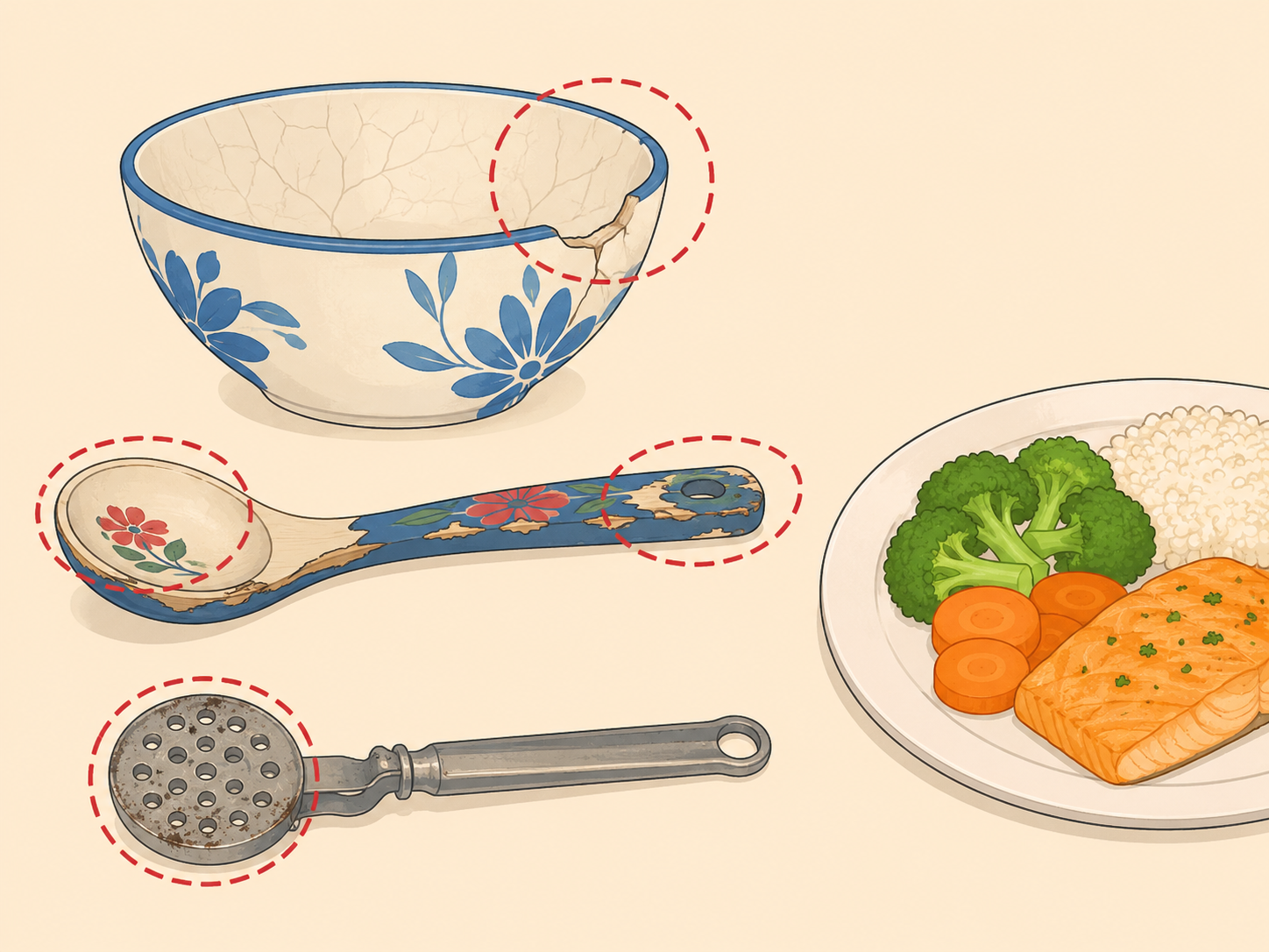 Old kitchenware with cracked glaze and flaking paint kept away from food.