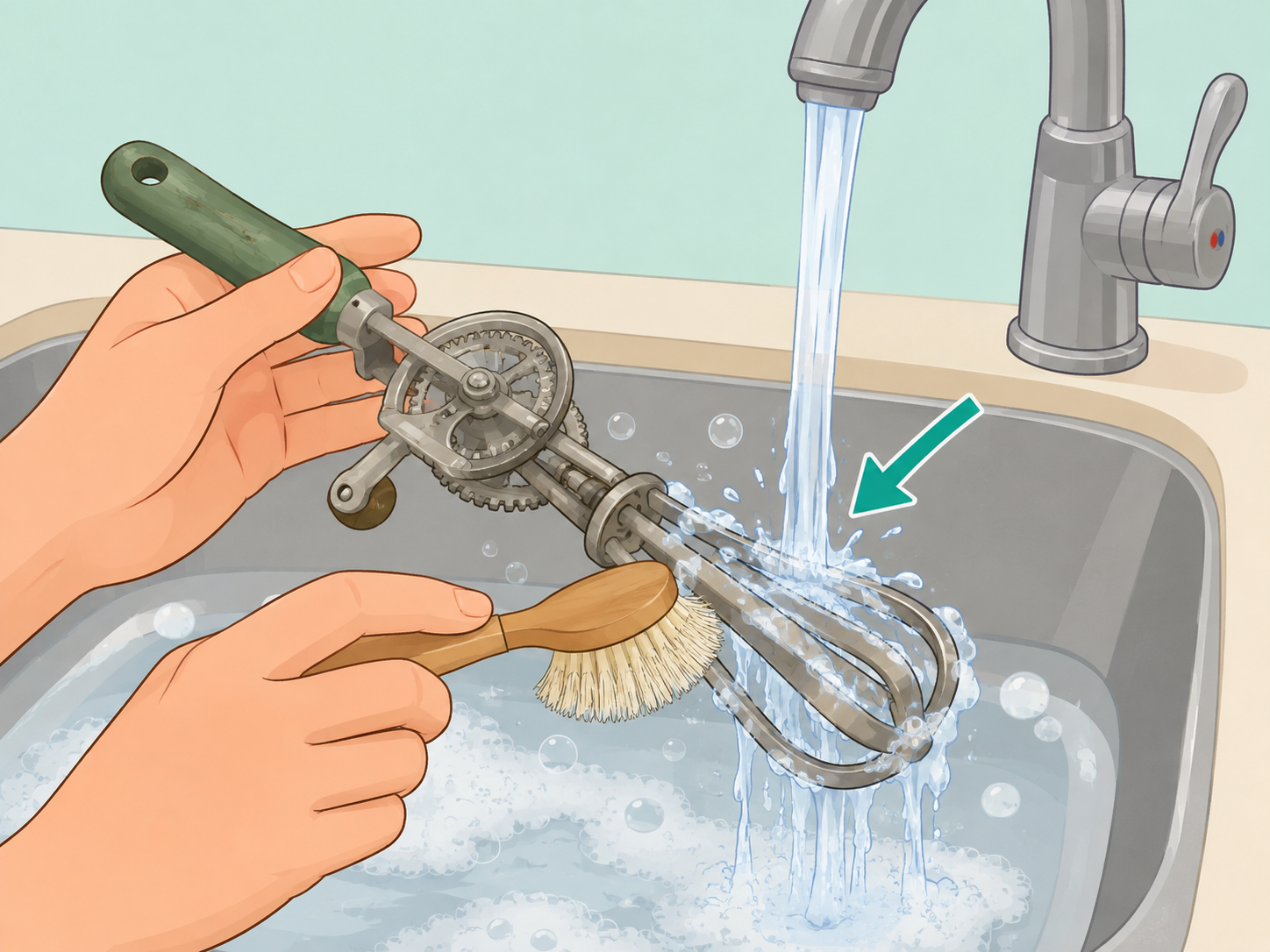A sturdy vintage kitchen utensil being washed gently with soap and water.