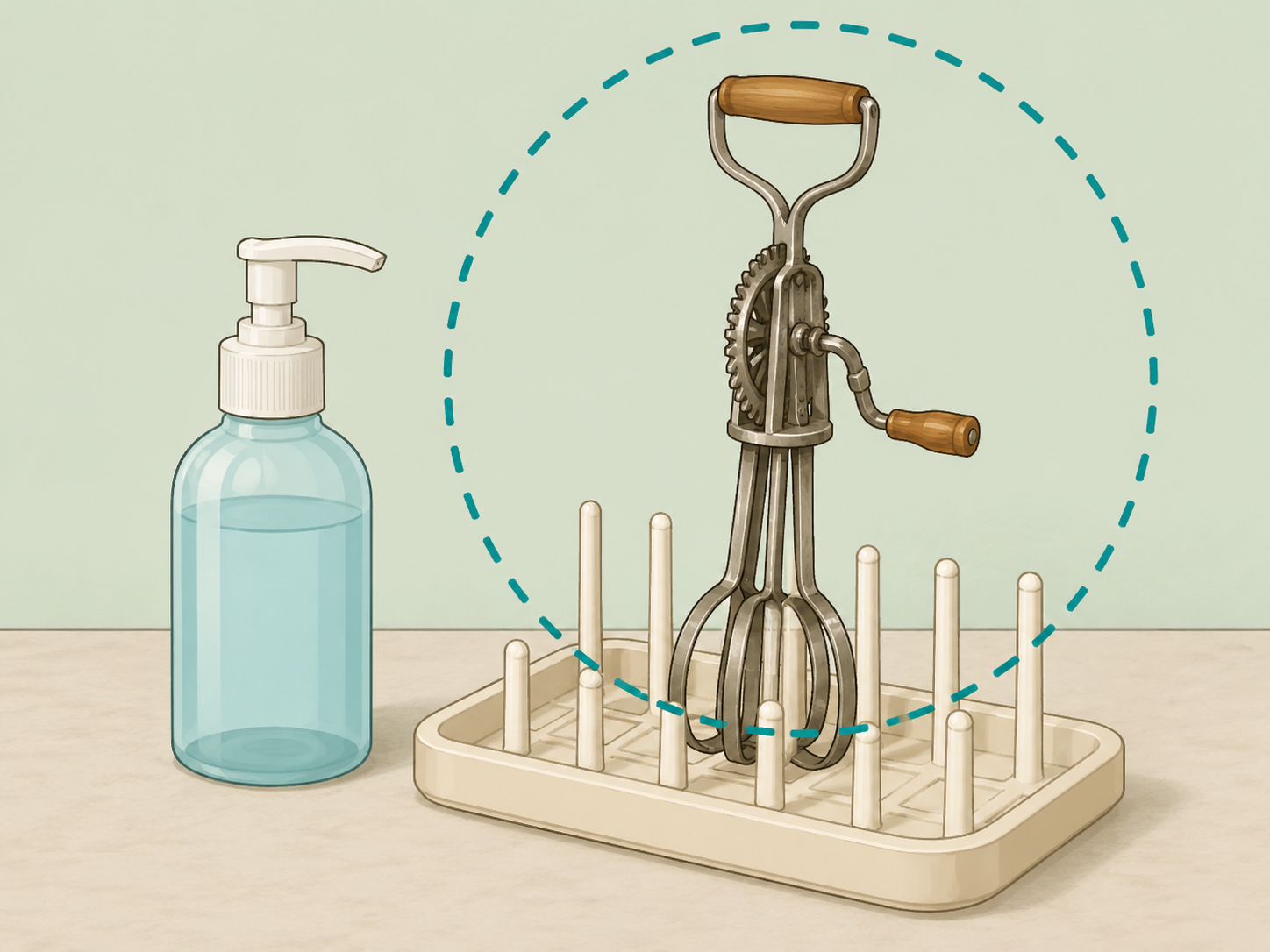 A cleaned vintage kitchen utensil air-drying after sanitizing.